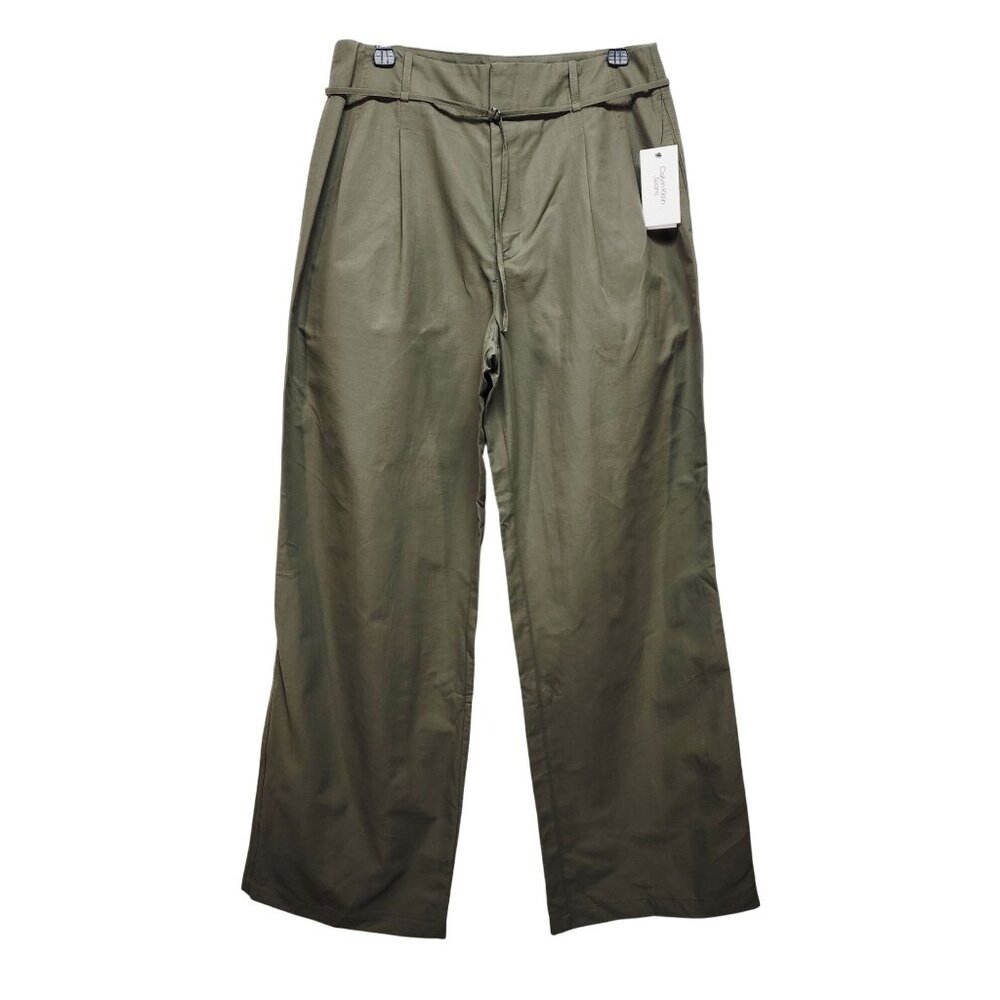 Calvin Klein Womens Wide-Leg Pants Size 10 Green Cotton Blend New With Tags